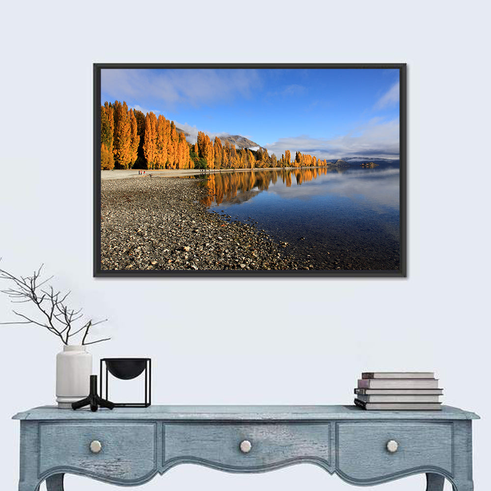 Lake Wanaka Golden Reflection Wall Art in a room, landscape