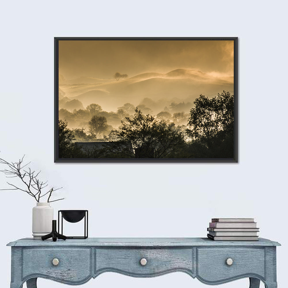 Bronze Morning Mist Over Hills Wall Art in a room, landscape