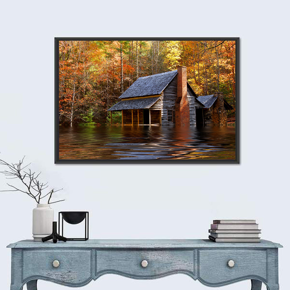 Autumn Flooded Log Cabin Wall Art
