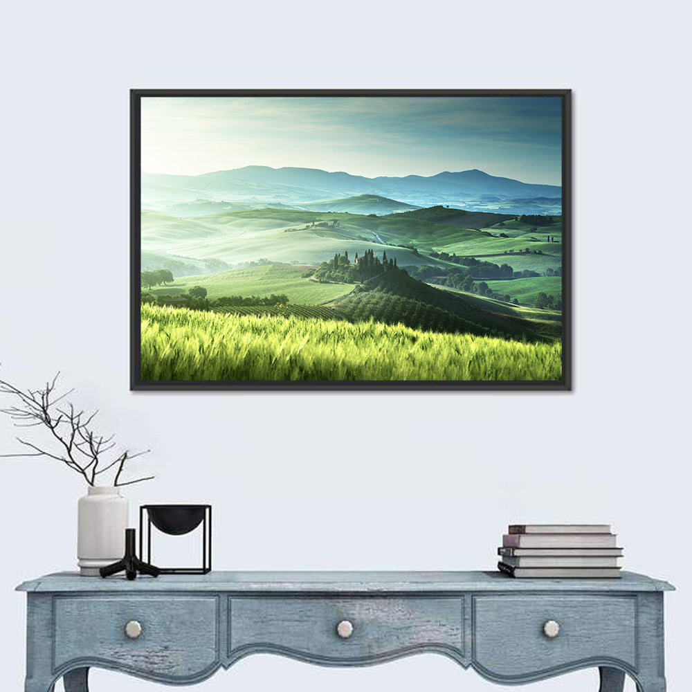 Misty Rolling Hills with Cypresses Wall Art in a room, landscape