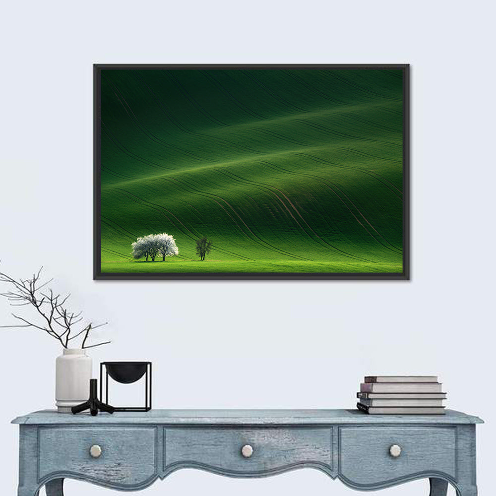 Emerald Hills with Blossoming Tree Wall Art in a room, landscape