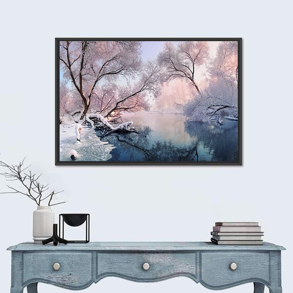 Snowy Lake Morning Mist Wall Art