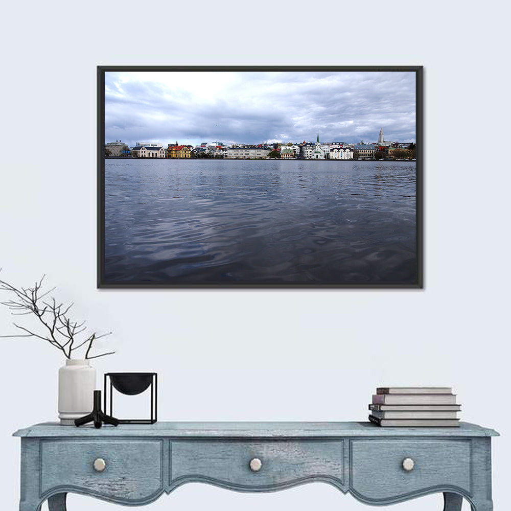 Tjörnin Reykjavik Skyline Wall Art in a room, landscape