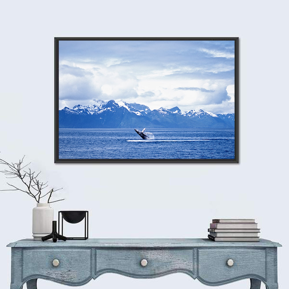 Humpback Whale with Snow Capped Mountains Wall Art in a room, landscape