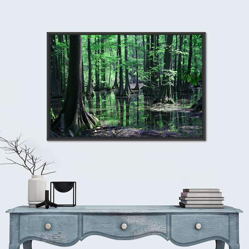 Congaree Swamp Reflection Wall Art in a room, landscape