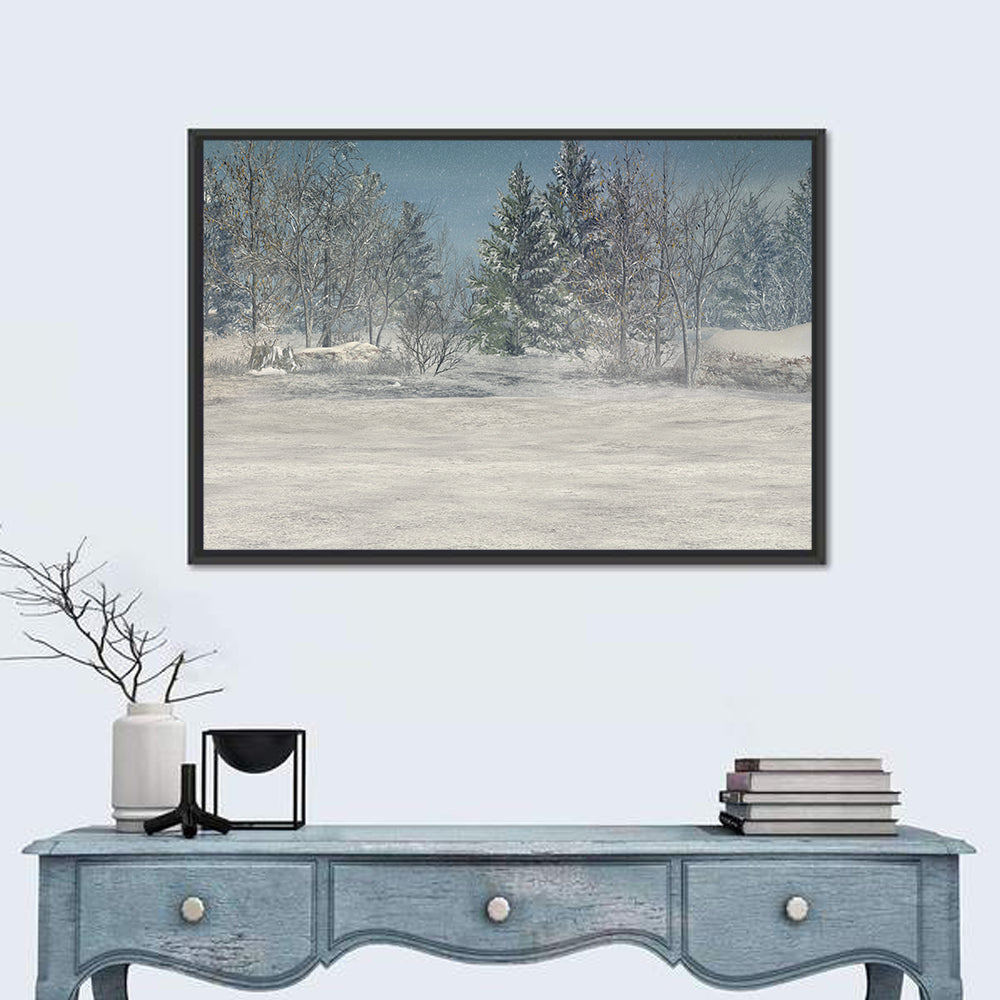Snow-covered Forest Field Wall Art in a room, landscape