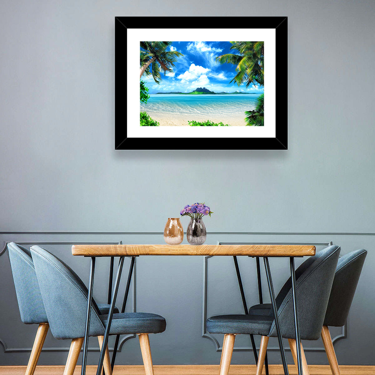 Palm-framed Tropical Island Beach Wall Art in a room, landscape