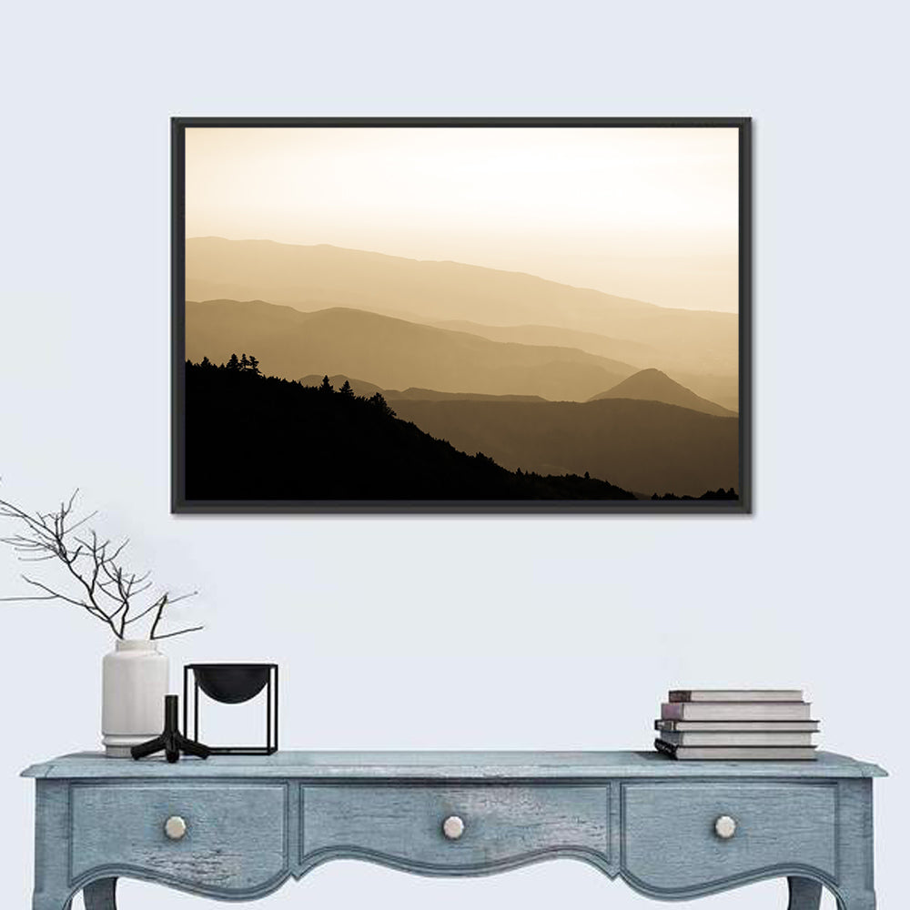 Foggy Mountain Sunset with Evergreen Silhouettes Wall Art