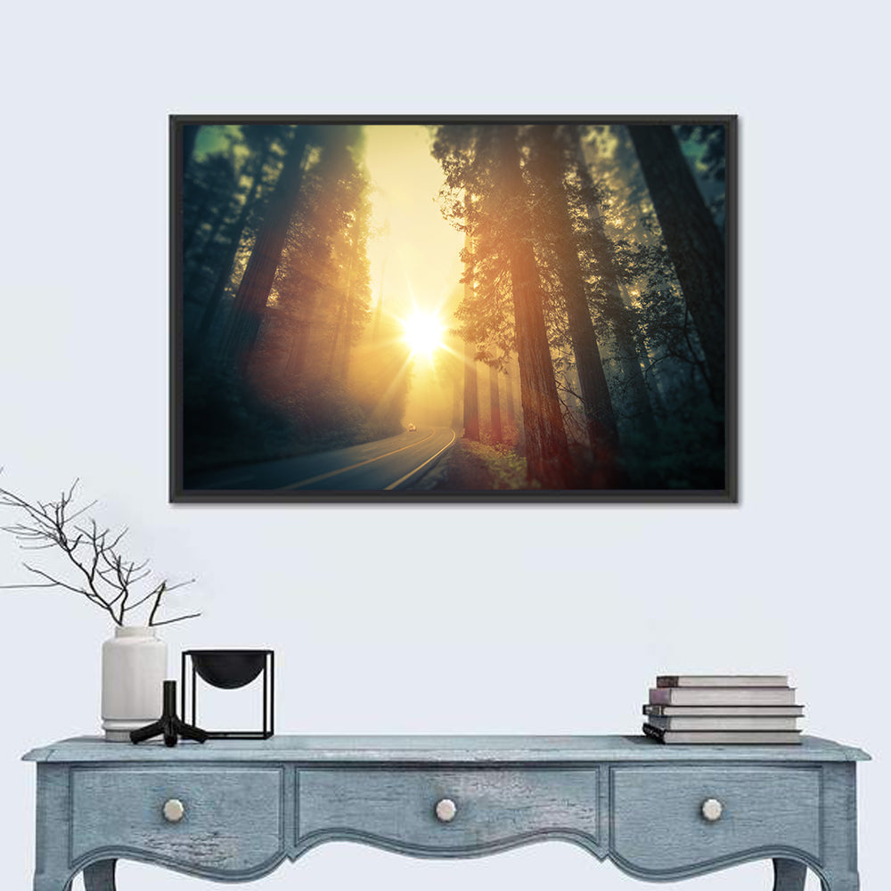 Misty Redwood Road with Golden Sunburst Wall Art in a room, landscape