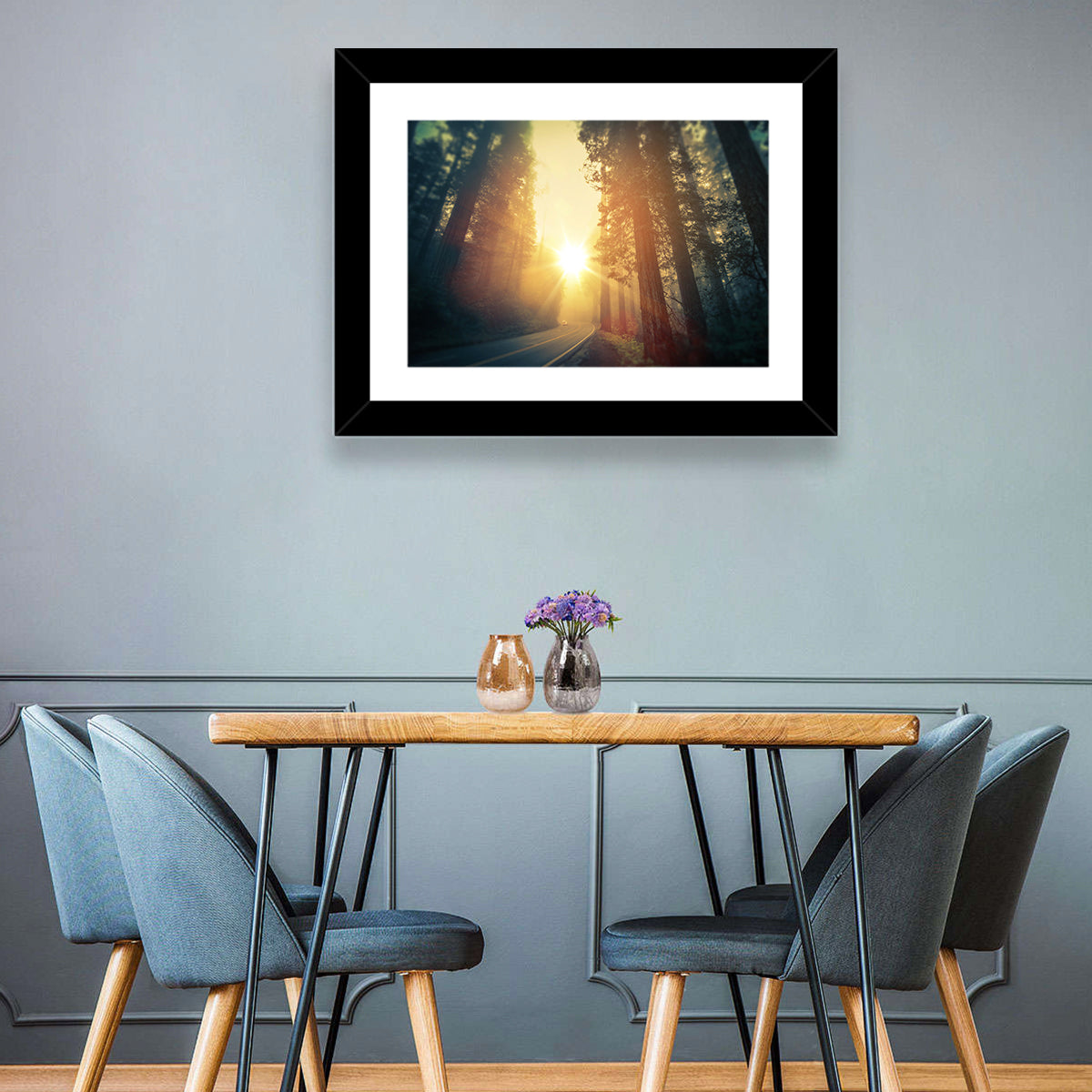 Misty Redwood Road with Golden Sunburst Wall Art