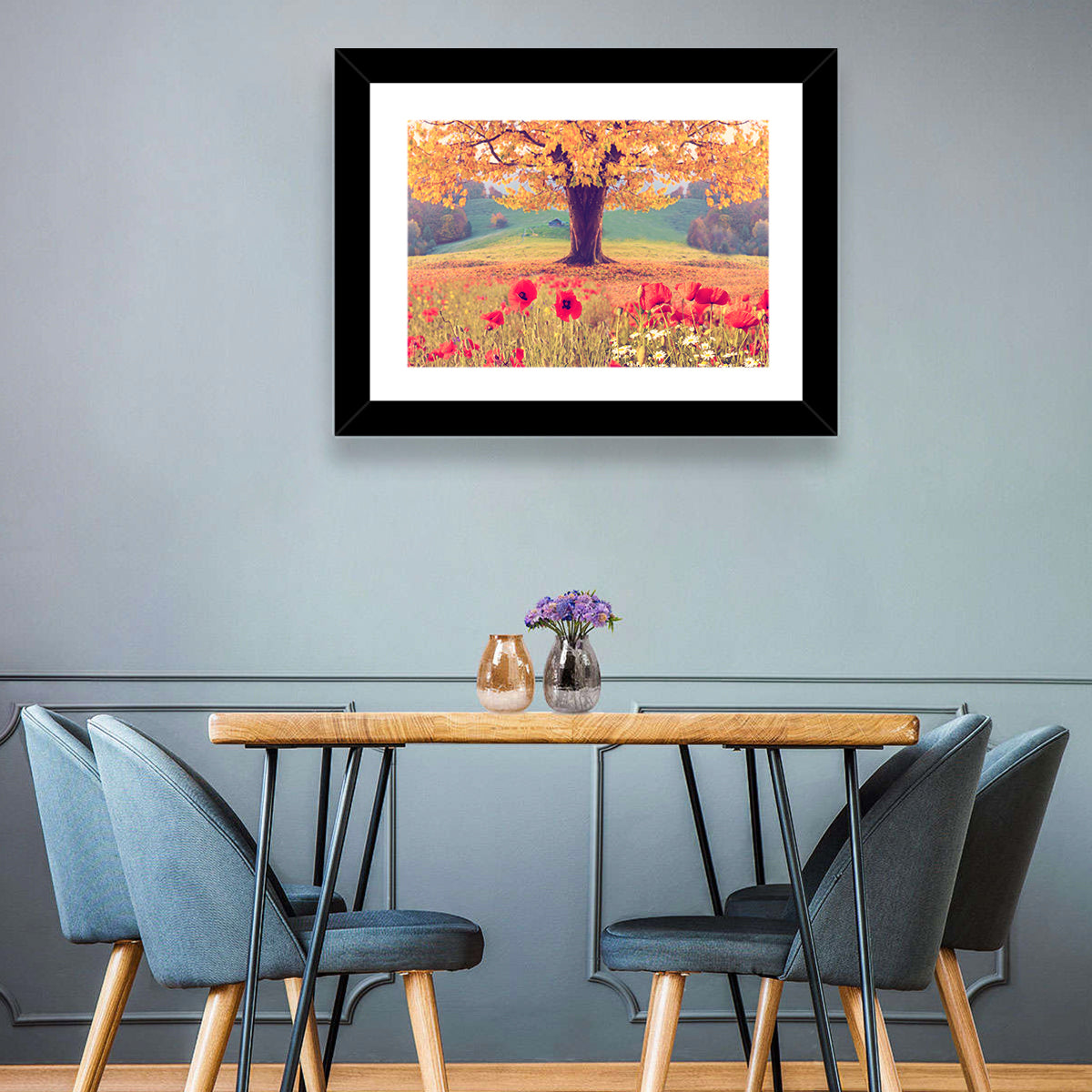Autumn Tree and Poppy Field Wall Art in a room, landscape