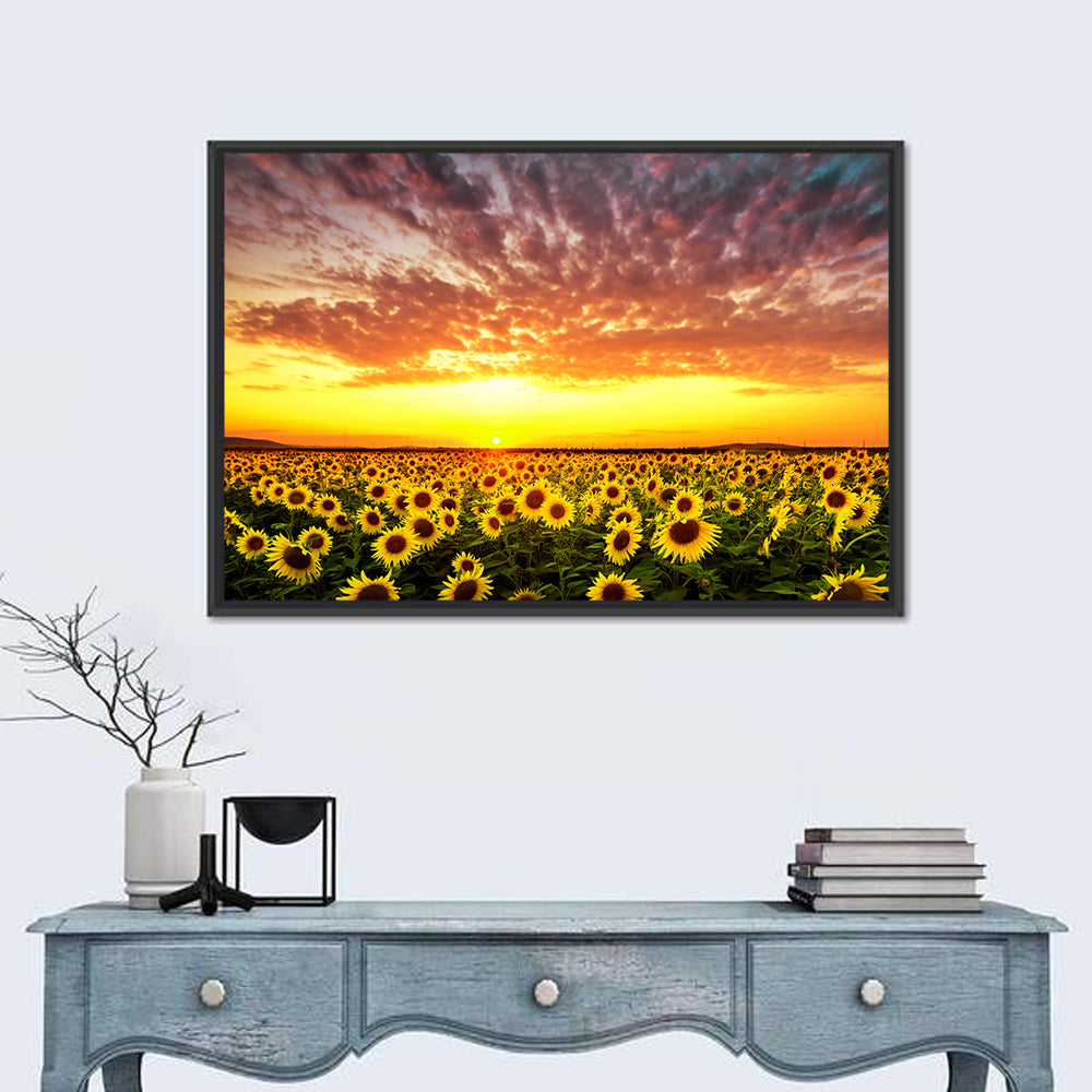 Golden Hour Sunflower Field Wall Art in a room, landscape