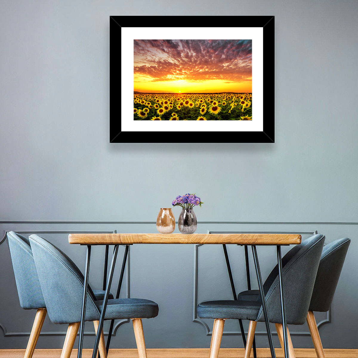 Golden Hour Sunflower Field Wall Art in a room, landscape