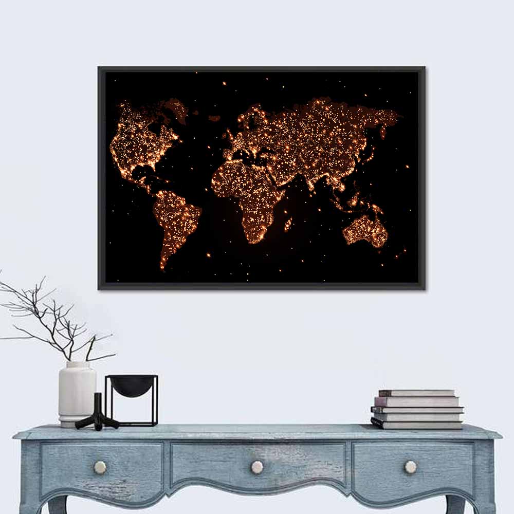 World Map Night Lights Wall Art in a room, landscape