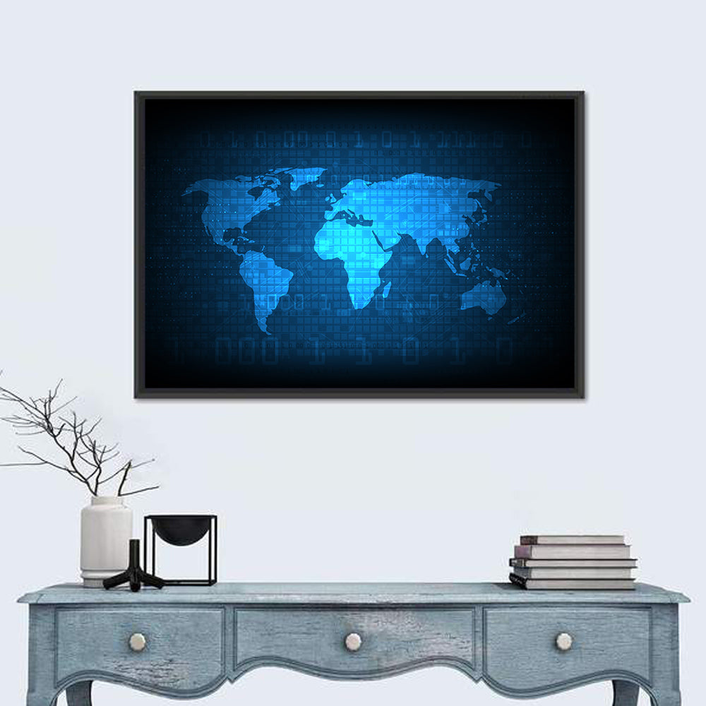 Binary Grid World Map Wall Art in a room, landscape