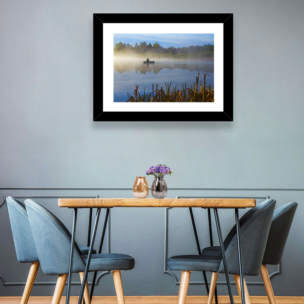 Misty Lake Fisherman Wall Art in a room, landscape