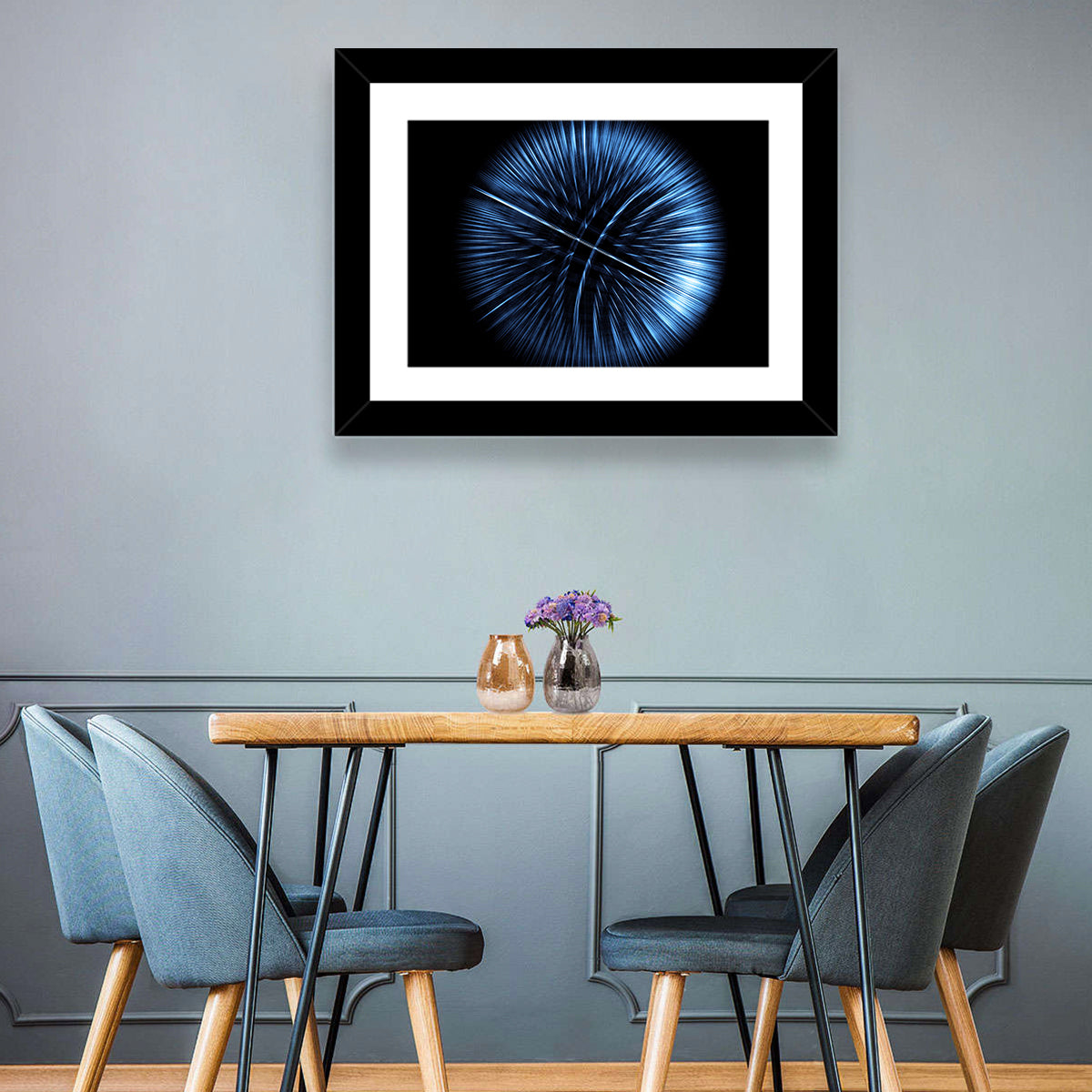 Glowing Blue Textured Sphere Wall Art in a room, landscape