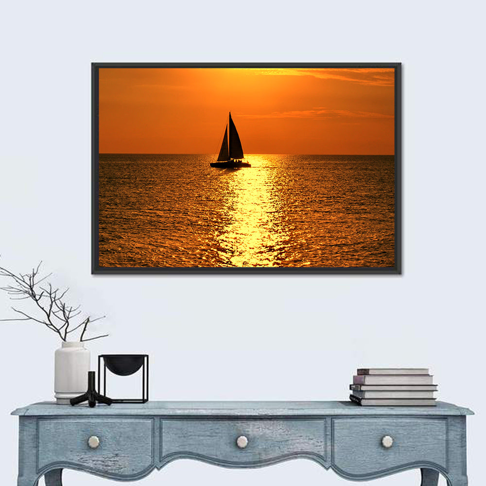 Sailboat Silhouette at Golden Sunset Wall Art