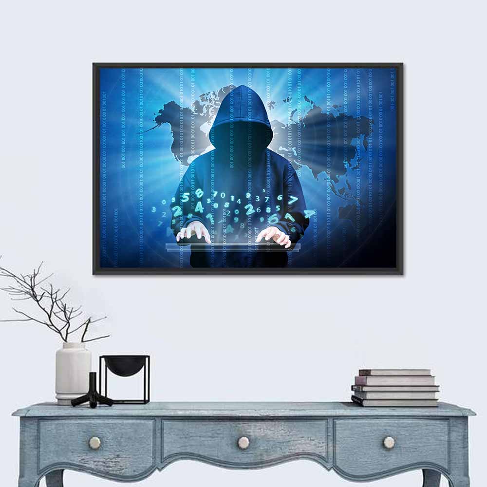 Hooded Hacker with Binary Map Wall Art in a room, landscape