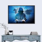 Hooded Hacker with Binary Map Wall Art
