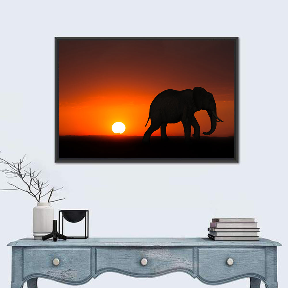 Sunset Elephant Silhouette Wall Art in a room, landscape