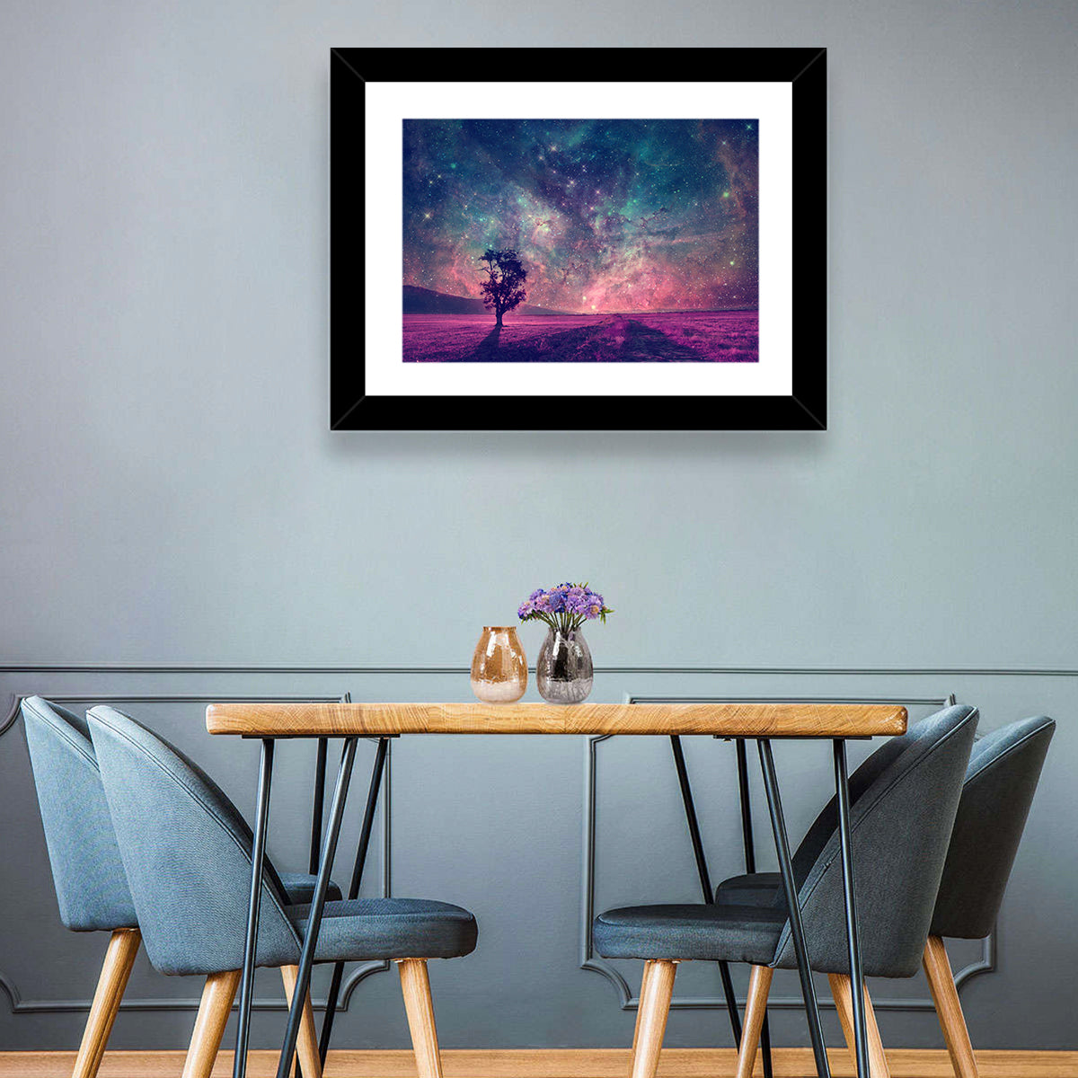 Lone Tree Under Nebula Sky Wall Art in a room, landscape