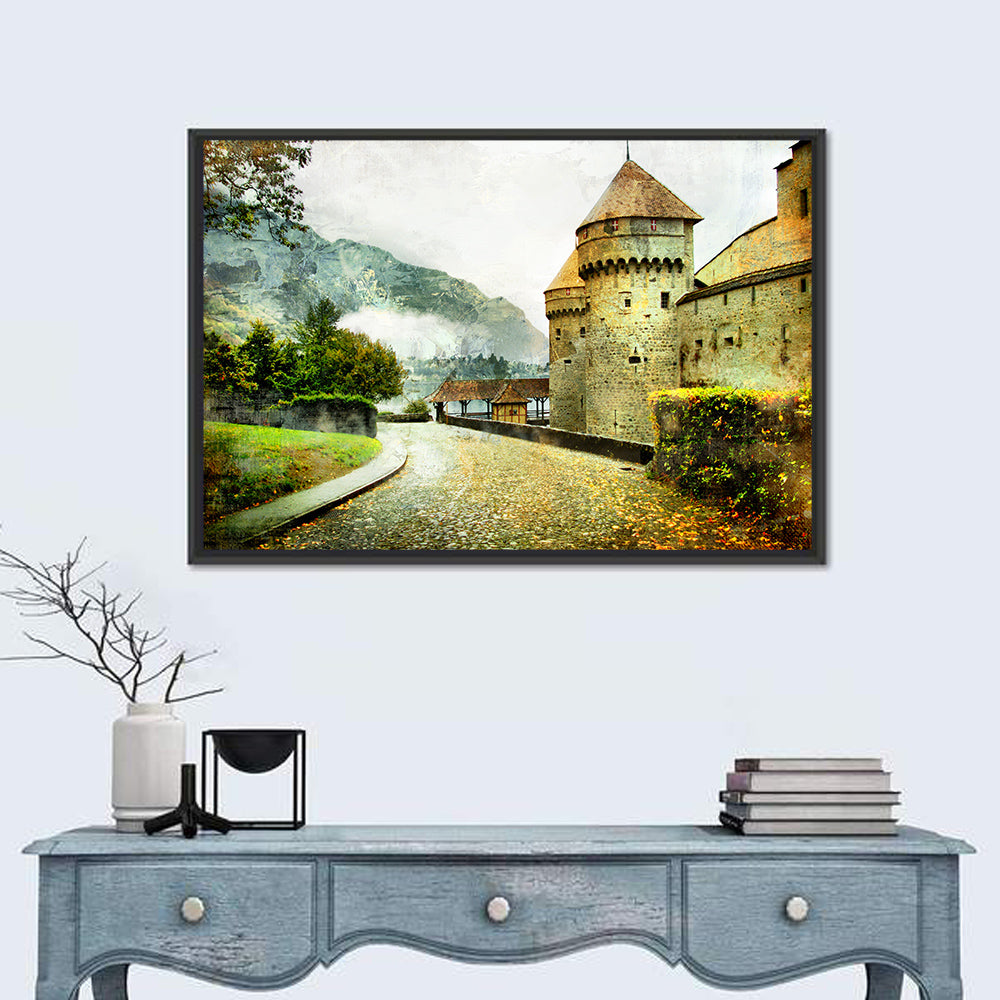 Autumn Approach to Chillon Castle Wall Art in a room, landscape