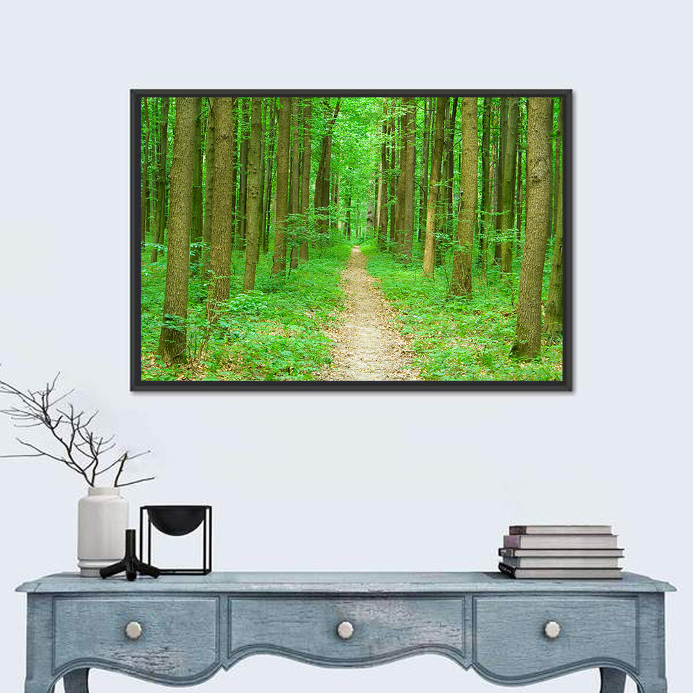 Green Forest Pathway Wall Art in a room, landscape