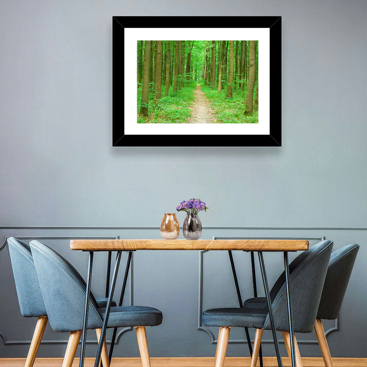 Green Forest Pathway Wall Art in a room, landscape