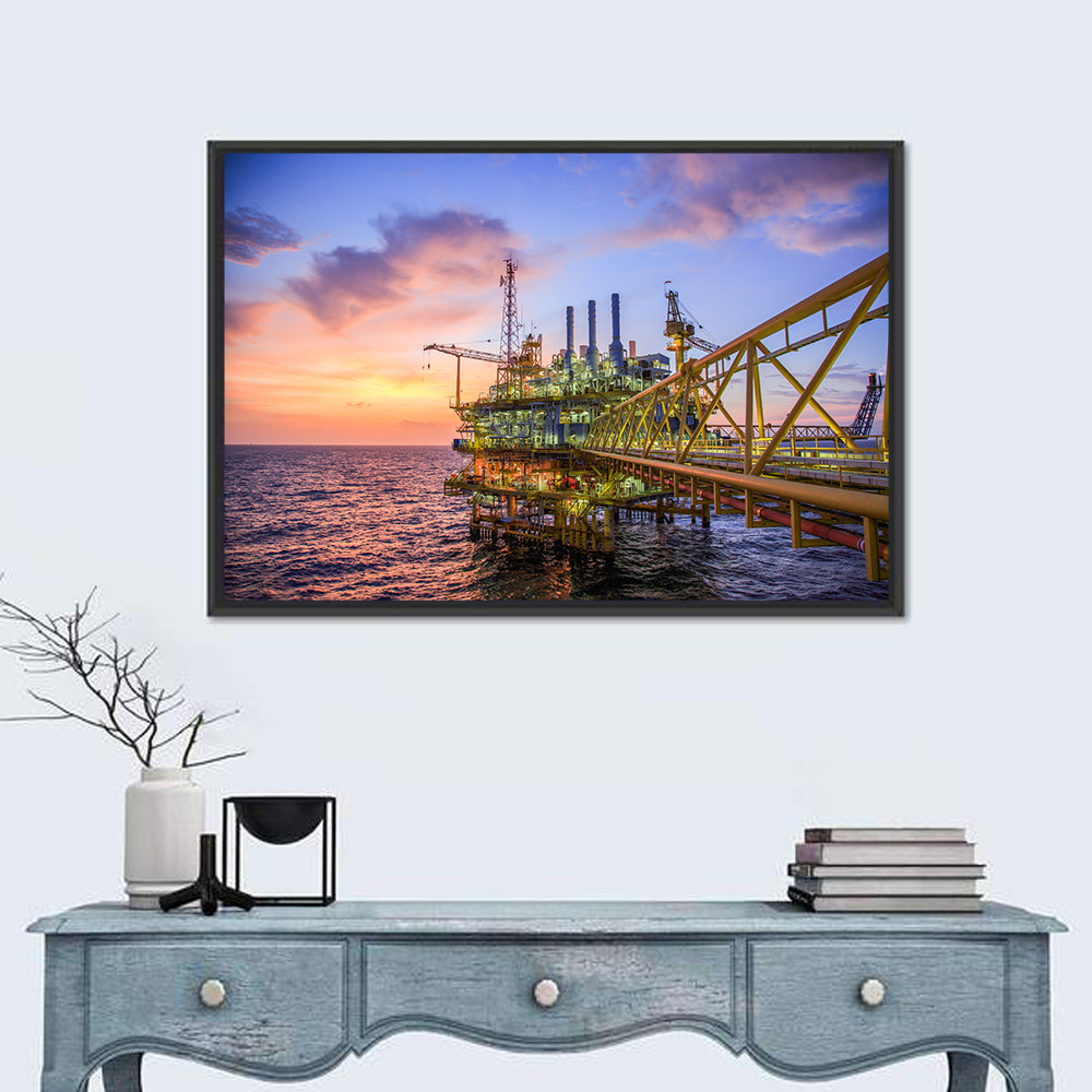 Golden Hour Offshore Oil Rig Wall Art in a room, landscape