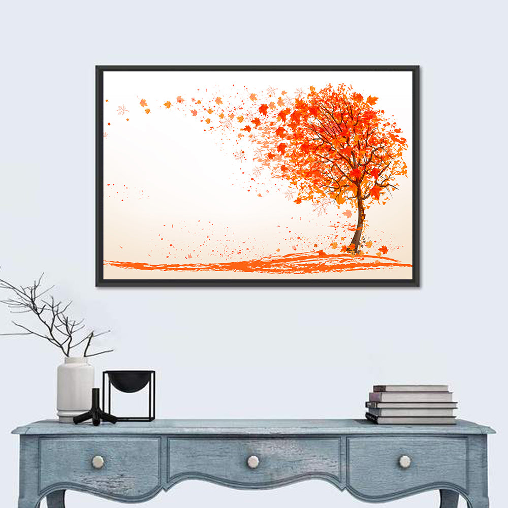 Autumn Tree with Falling Leaves Wall Art in a room, landscape
