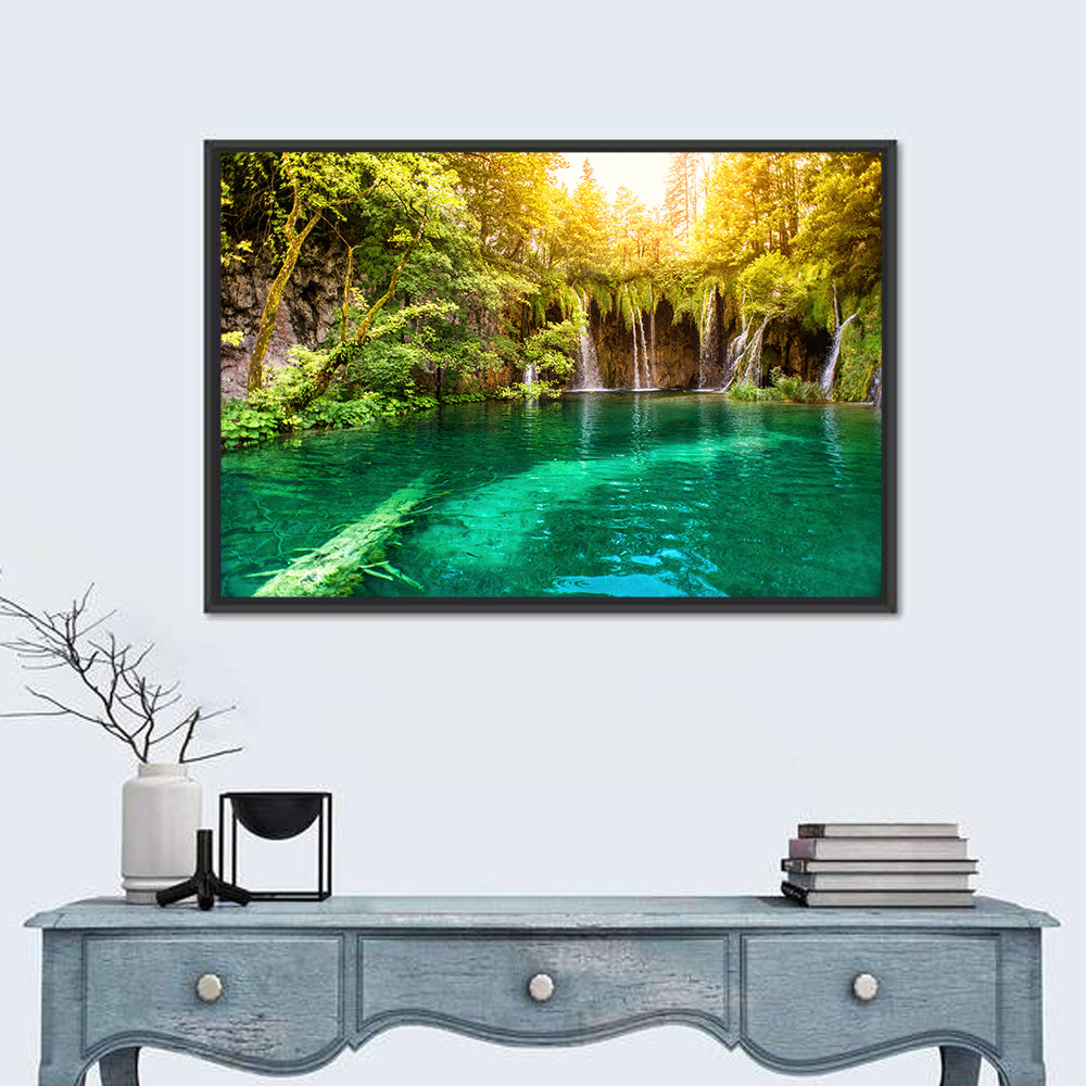 Plitvice Lake Waterfall Wall Art in a room, landscape