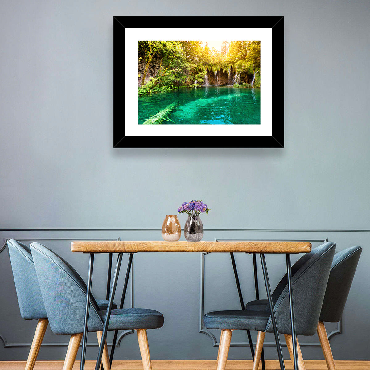Plitvice Lake Waterfall Wall Art in a room, landscape