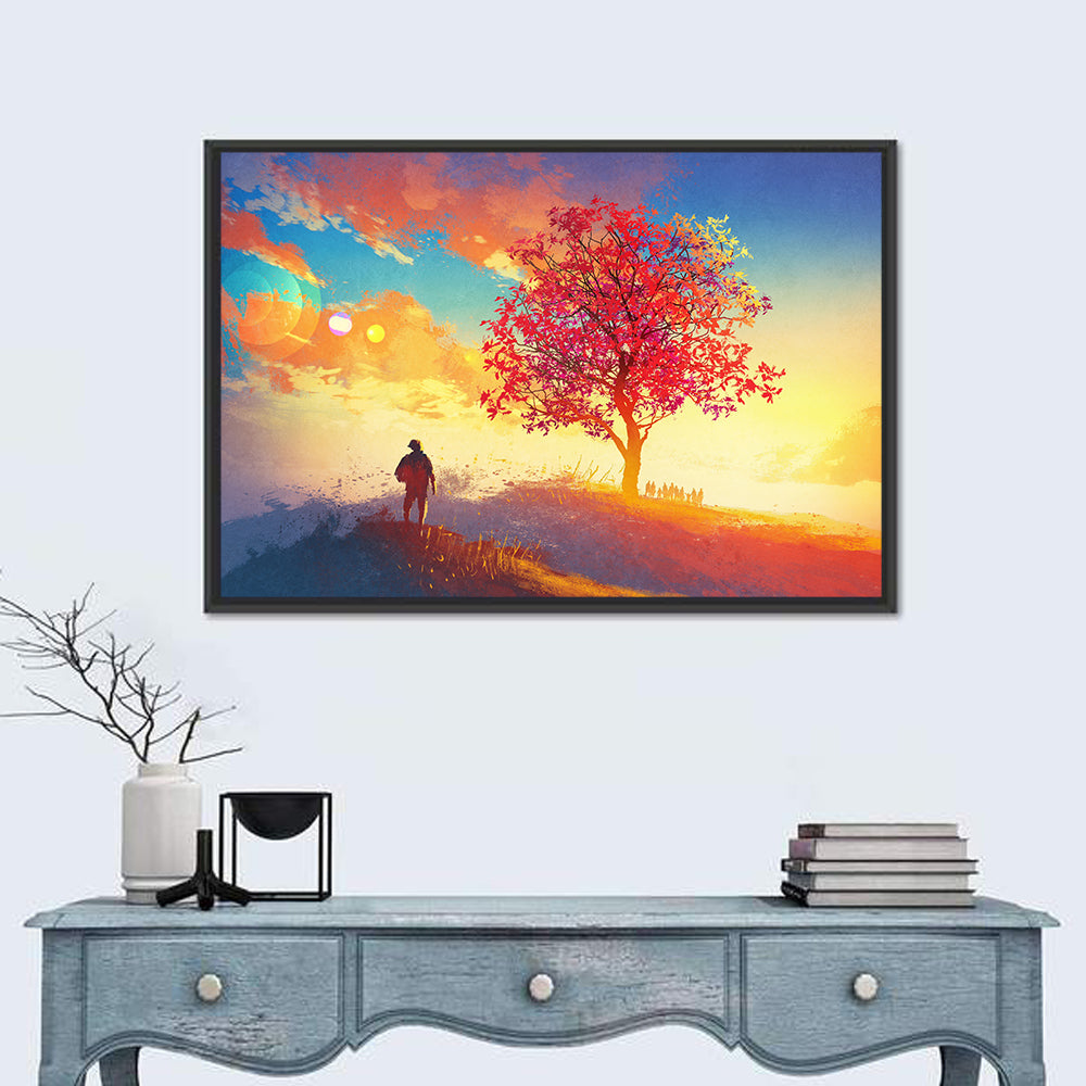 Autumn Tree with Silhouettes Wall Art in a room, landscape