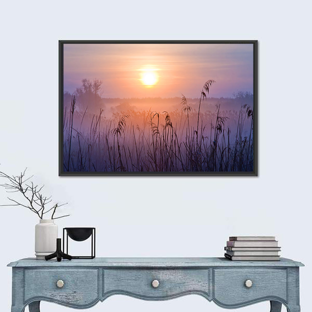 Lavender Sunrise Over Reeds Wall Art in a room, landscape