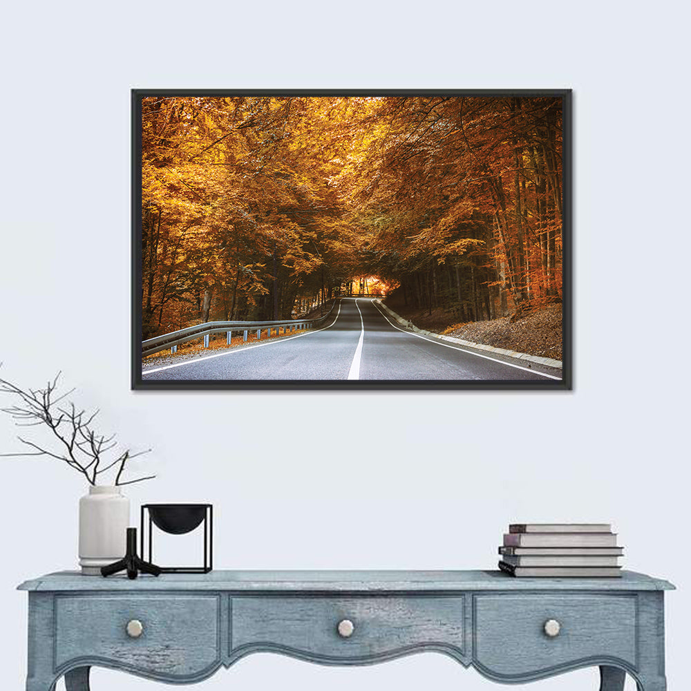 Autumn Forest Road with Canopy Wall Art in a room, landscape