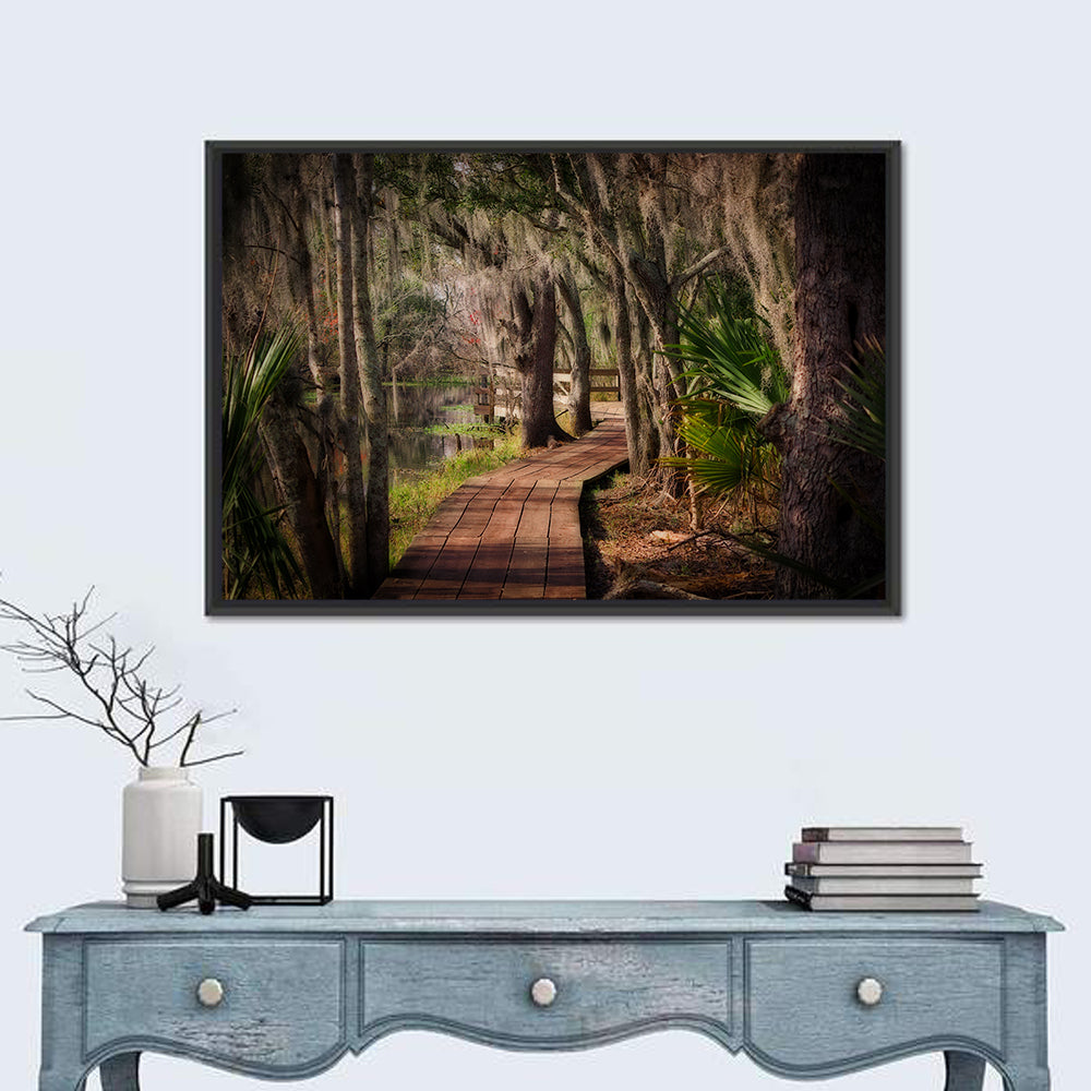 Louisiana Swamp Boardwalk Wall Art in a room, landscape