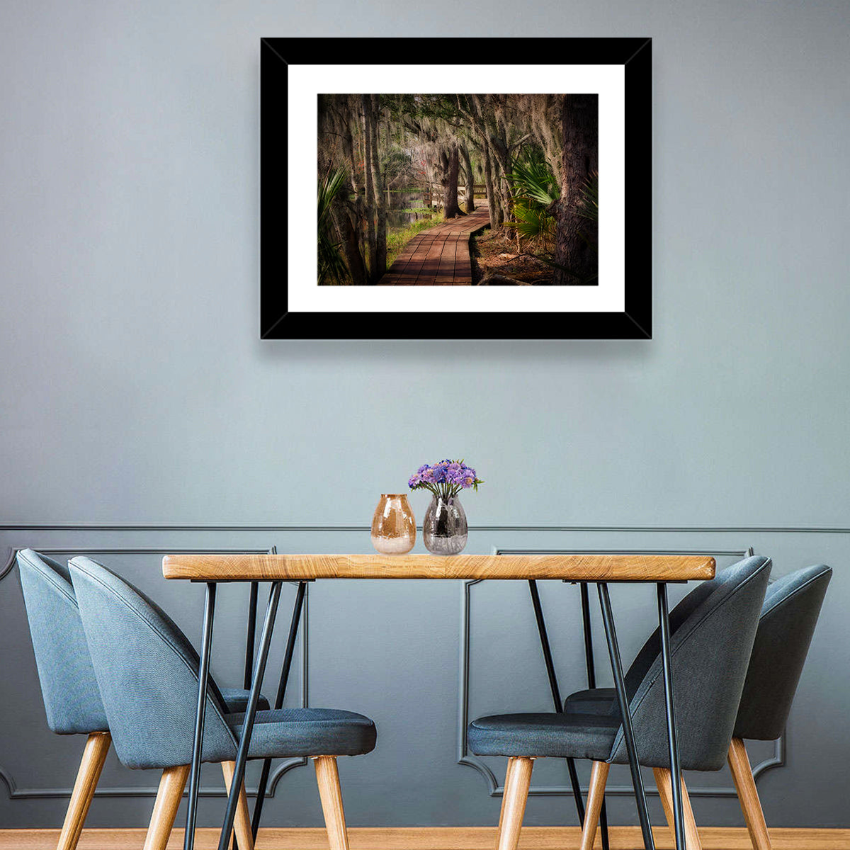 Louisiana Swamp Boardwalk Wall Art in a room, landscape