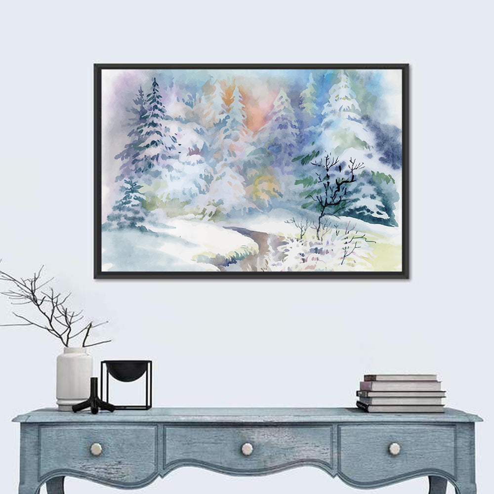 Winding Winter Stream Watercolor Wall Art in a room, landscape