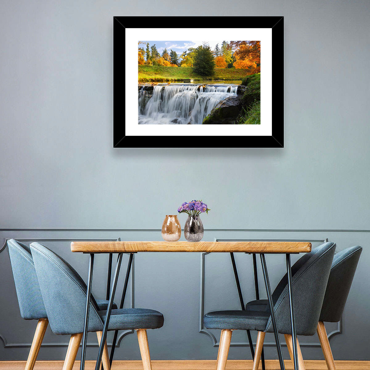 Autumn Forest Waterfall Wall Art in a room, landscape