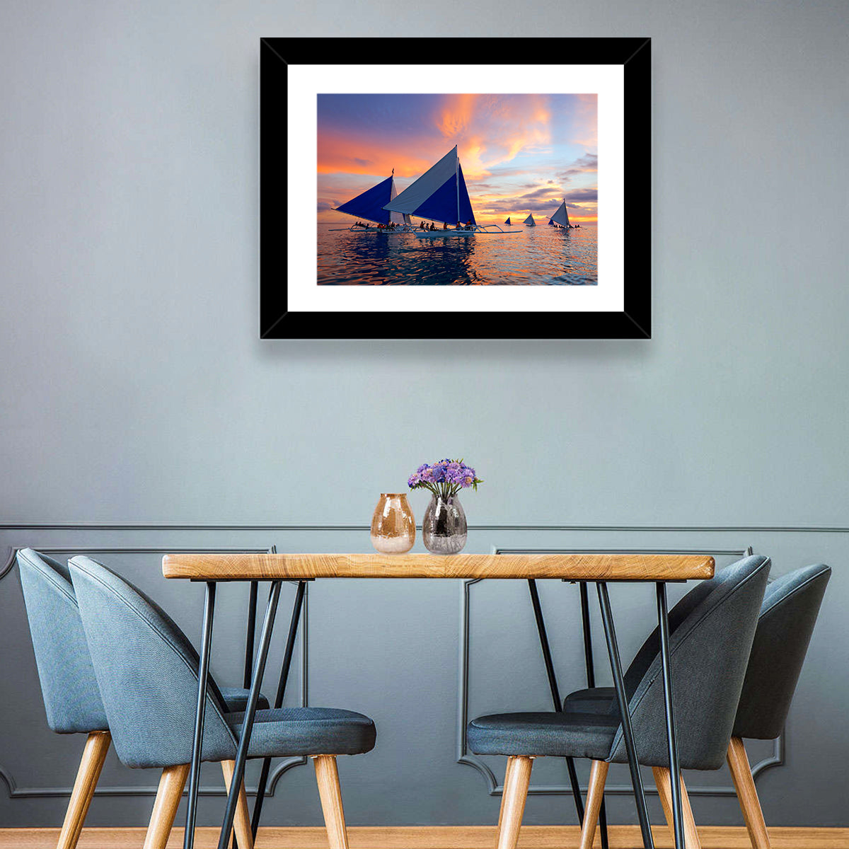 Outrigger Sailboats at Sunset Wall Art in a room, landscape