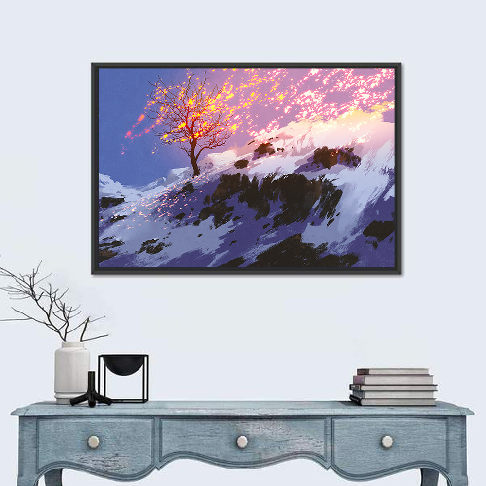 Falling Leaves in Winter Wall Art in a room, landscape
