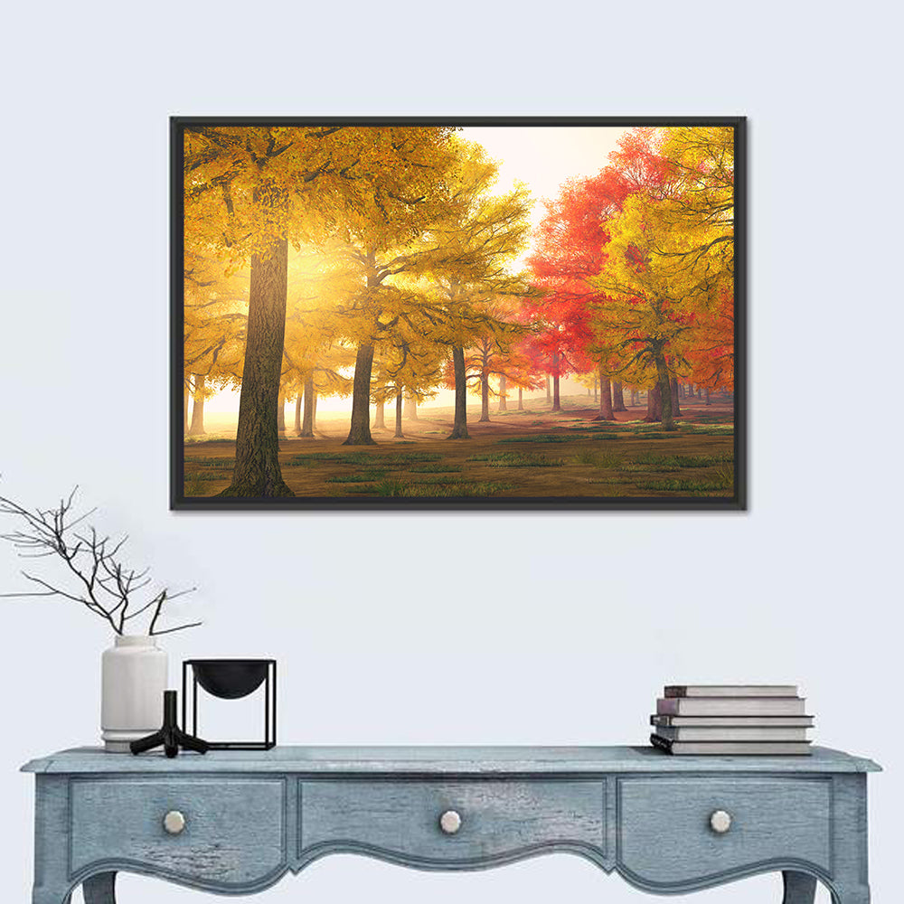 Foggy Autumn Forest Wall Art in a room, landscape