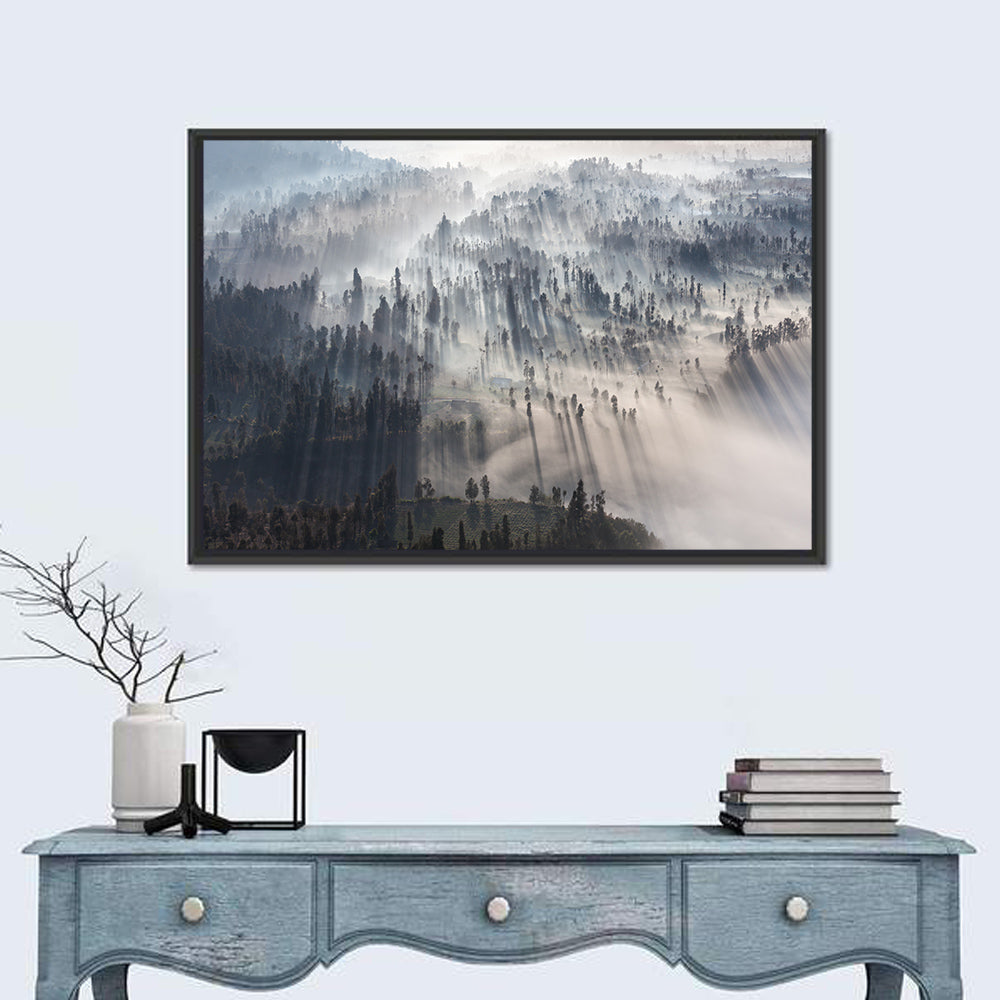 Misty Forest Sunrise Wall Art in a room, landscape