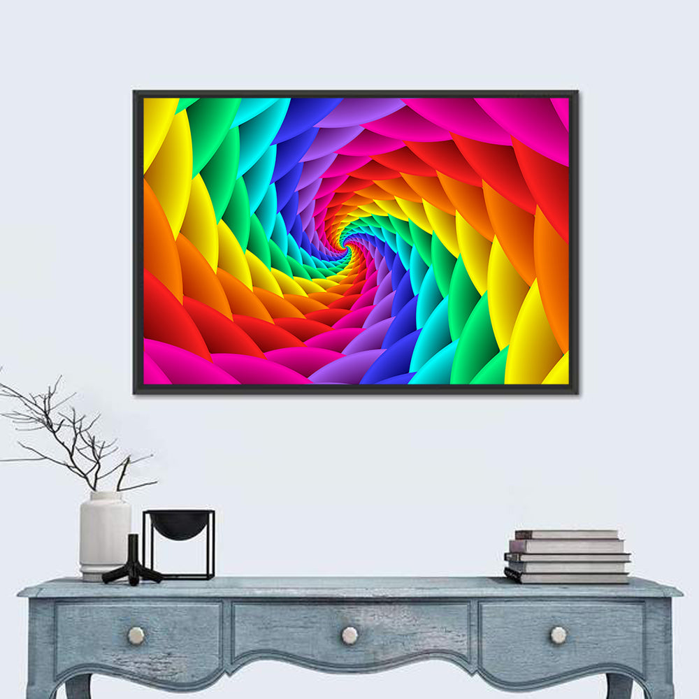 Rainbow Spiral Vortex Tunnel Wall Art in a room, landscape