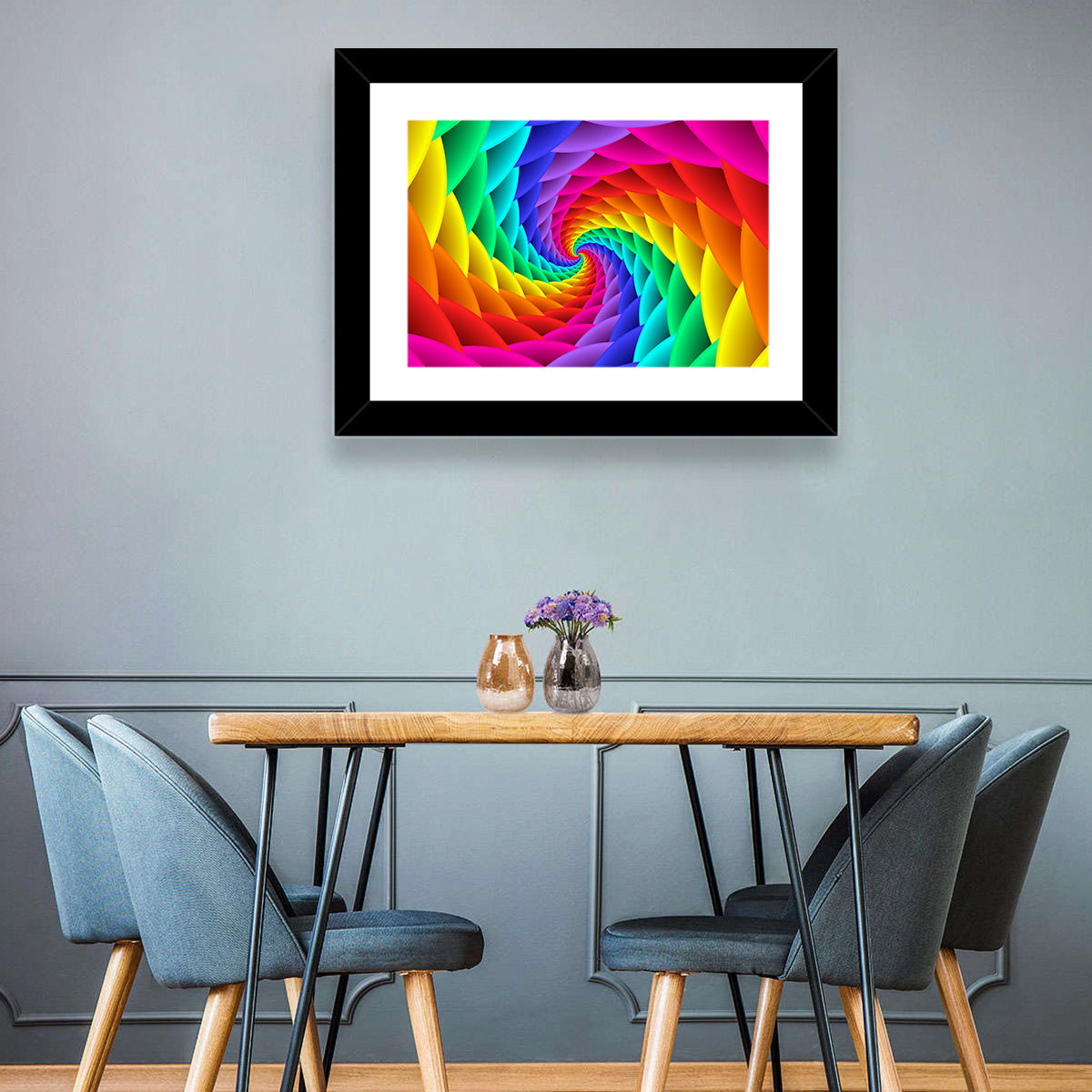 Rainbow Spiral Vortex Tunnel Wall Art in a room, landscape