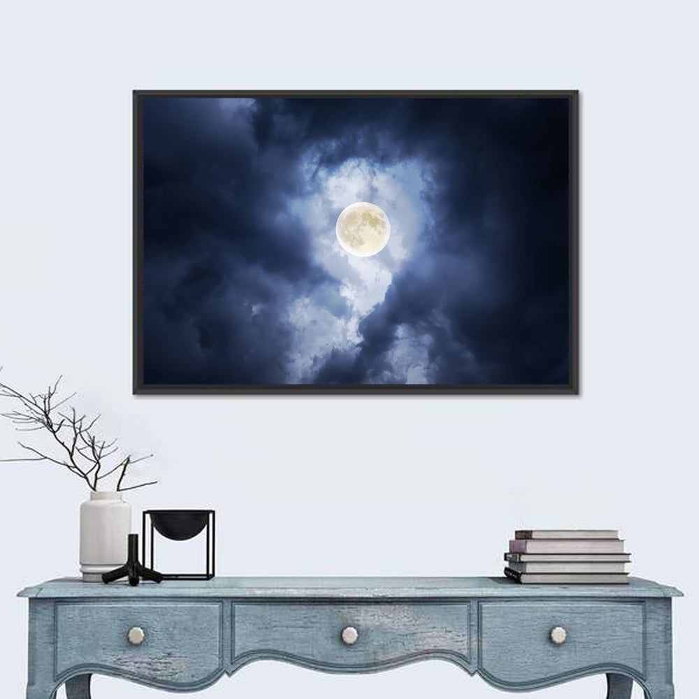 Supermoon Through Storm Clouds Wall Art in a room, landscape