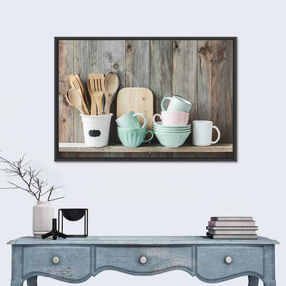 Rustic Shelf with Utensils and Pastel Bowls Wall Art