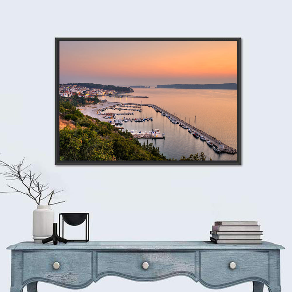 Pylos Harbor Lighthouse Sunset Wall Art in a room, landscape