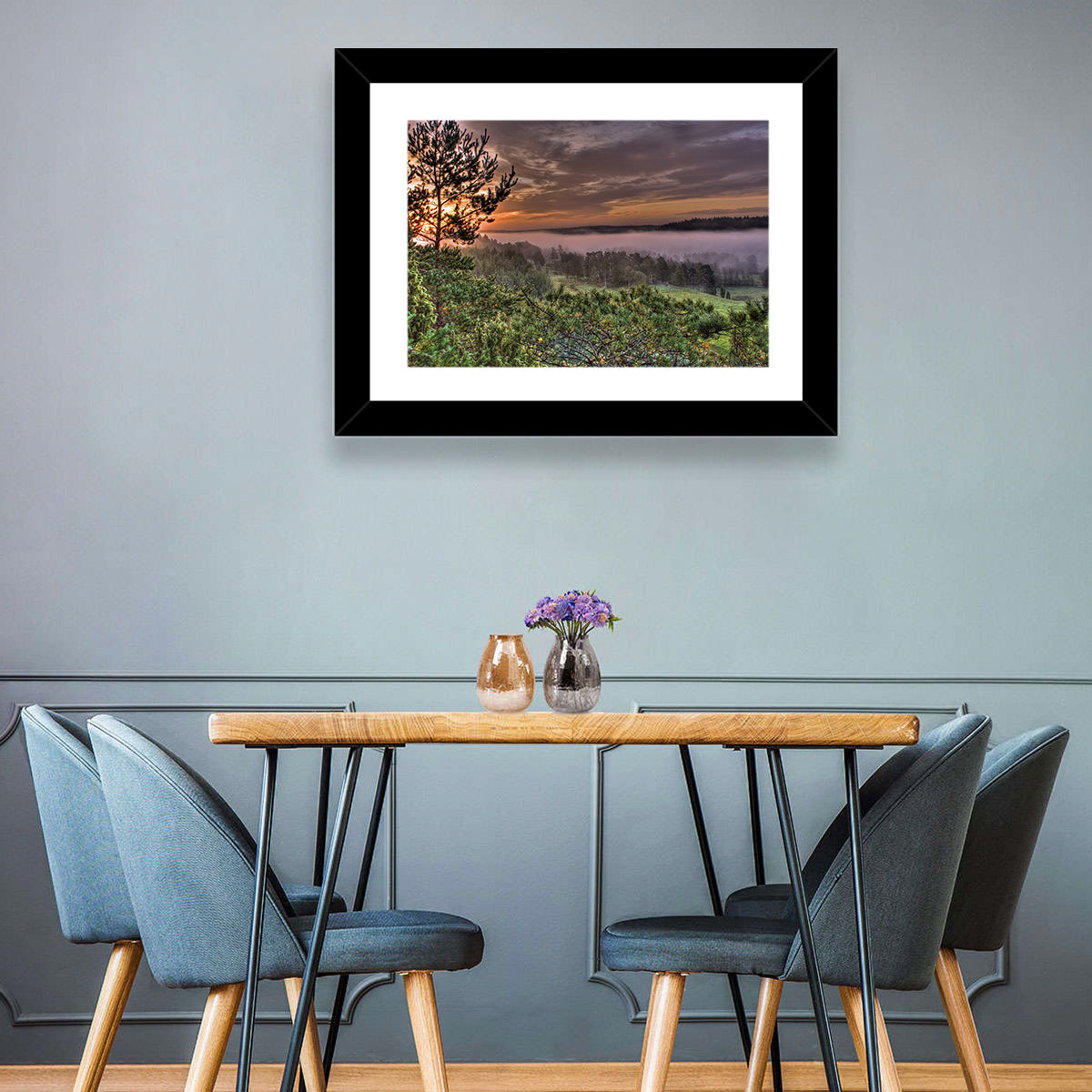 Misty Swedish Pine Valley Wall Art in a room, landscape